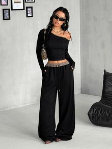 Coolane Women's Fall Streetwear Daily Wear Sport Basic Knit Stretchy Graphics Leopard Contrast Piping Black Asymmetrical Neck Long Sleeve Tops And Pants 2pcs - Black - View 4