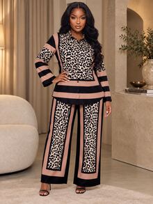 Poshavie Poshavie Plus Size Women's Fashion Vintage Brown Leopard Print 2-Piece Set, Casual Relaxed Versatile Outfit, Suitable For Daily Wear Elegant Commuter - Khaki - View 3