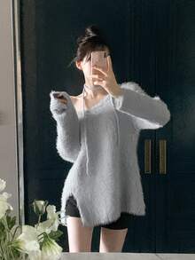 DAZY Women's Cold Shoulder Long Sleeve Solid Color Sweater - Blue - View 9