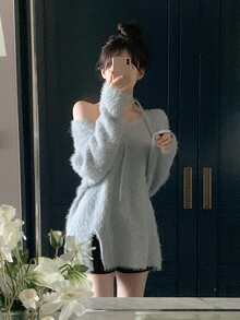 DAZY Women's Cold Shoulder Long Sleeve Solid Color Sweater - Blue - View 7