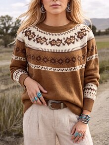 Wildy BOHO Casual Western Country Nomad Women's Autumn/Winter Pattern Sweater For Outings And Commuting Cowgirl Outfits For Women Going Out - Multicolor - View 5