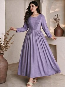 Al Najma Plus Size Women's Contrast Lace Button Design Long Sleeve Elegant Dress - Purple - View 1