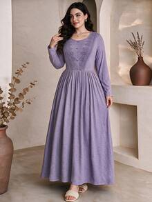 Al Najma Plus Size Women's Contrast Lace Button Design Long Sleeve Elegant Dress - Purple - View 4