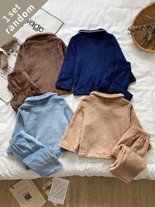 SHEIN 5套隨機發送 1套秋冬雙面法蘭絨男嬰幼兒家居服套裝，柔軟毛絨咖啡色/卡其色/皇家藍/灰藍色，翻領開襟長袖上衣附口袋，BABY刺繡，寬鬆舒適長褲，2件套，冬季款 - 彩色 - 查看 3