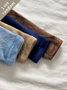 SHEIN 5套隨機發送 1套秋冬雙面法蘭絨男嬰幼兒家居服套裝，柔軟毛絨咖啡色/卡其色/皇家藍/灰藍色，翻領開襟長袖上衣附口袋，BABY刺繡，寬鬆舒適長褲，2件套，冬季款 - 彩色 - 查看 5