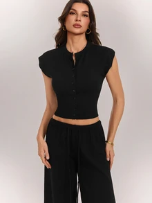 SHEIN Tall طقم نسائي من قطعتين بلون موحد، ملابس علوية بأكمام قصيرة وبنطال طويل من الصوف المحبوك - الأسود - مشاهدة 9