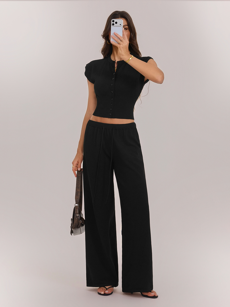 SHEIN Tall 女款純色短袖上衣與長褲針織兩件套 - 黑色 - 查看 6