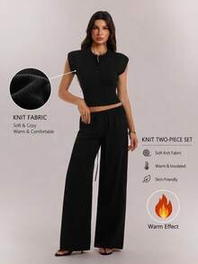 SHEIN Tall طقم نسائي من قطعتين بلون موحد، ملابس علوية بأكمام قصيرة وبنطال طويل من الصوف المحبوك - الأسود - مشاهدة 3