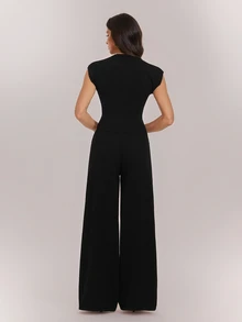 SHEIN Tall طقم نسائي من قطعتين بلون موحد، ملابس علوية بأكمام قصيرة وبنطال طويل من الصوف المحبوك - الأسود - مشاهدة 2