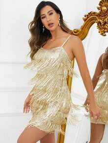 SHEIN Unity Women's Elegant Gorgeous Tassel Sequins Backless Zipper Slim Short Night Out Party Cami Dresses,Club, For New Year Holiday Party - Gold - View 4