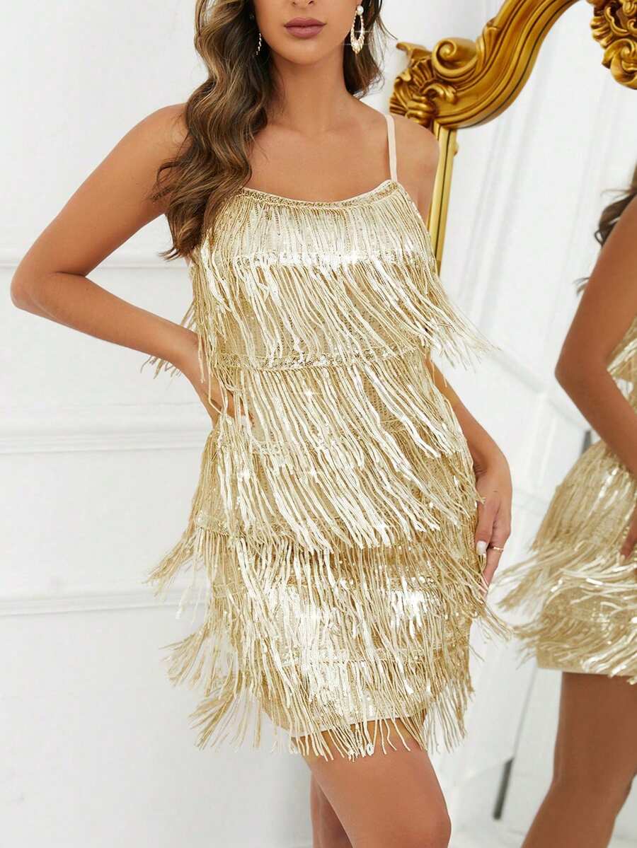 SHEIN Unity Women's Elegant Gorgeous Tassel Sequins Backless Zipper Slim Short Night Out Party Cami Dresses,Club, For New Year Holiday Party - Gold - View 1