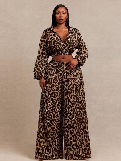 Radiana Plus Size Women's Sexy Casual Fashion Leopard Print Wide Leg Pants Set, Short Sleeve Blouse + Casual Loose Wide Leg Pants 2 Pieces Set, Simple Comfortable Loose Blouse And Pants Set, Casual 2 Pieces Set, Casual Outfit, Date Outfit, Party Outfit, Autumn/Winter Clothing