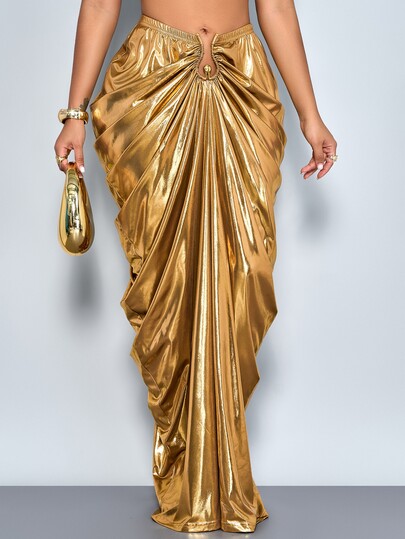 SOLERSUN Women's Gold Summer Seductive Party Skirt,Elegant Glossy Stretchy Gold-Plated Fabric,Metal Buckle Front Waist Detail,Stylish Pleated Skirt Clothing