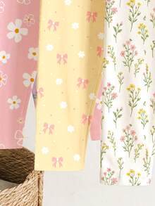 Young Girls Bohemian Floral Series, Young Girl Casual Simple Long Leggings Suitable For Autumn/Winter Daily Wear, Random 2pcs/Set - Multicolor - View 5