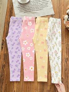 Young Girls Bohemian Floral Series, Young Girl Casual Simple Long Leggings Suitable For Autumn/Winter Daily Wear, Random 2pcs/Set - Multicolor - View 2
