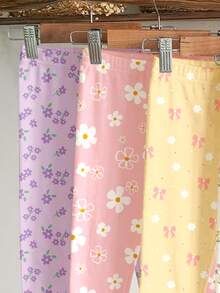 Young Girls Bohemian Floral Series, Young Girl Casual Simple Long Leggings Suitable For Autumn/Winter Daily Wear, Random 2pcs/Set - Multicolor - View 6