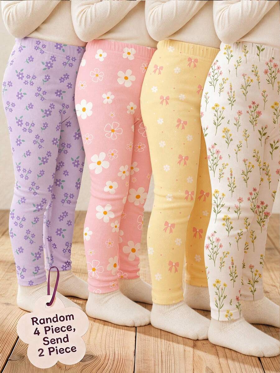 Young Girls Bohemian Floral Series, Young Girl Casual Simple Long Leggings Suitable For Autumn/Winter Daily Wear, Random 2pcs/Set - Multicolor - View 1