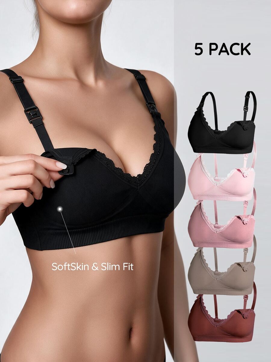 SHAPORA 5pcs Women's Best-Selling Fashion Comfortable Minimalist Solid Color High-Value High-Quality Maternity Nursing Bras - Multicolor - View 1