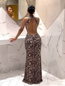 Slaydiva Women Beige Leopard Print HighNeck Halter Cutout Sash Ruched Mermaid Maxi Dress Glam Evening Club Night Out Party Formal Gown Summer Sexy - Multicolor - View 9