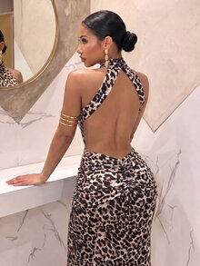 Slaydiva Women Beige Leopard Print HighNeck Halter Cutout Sash Ruched Mermaid Maxi Dress Glam Evening Club Night Out Party Formal Gown Summer Sexy - Multicolor - View 7