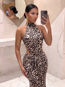 Slaydiva Women Beige Leopard Print HighNeck Halter Cutout Sash Ruched Mermaid Maxi Dress Glam Evening Club Night Out Party Formal Gown Summer Sexy - Multicolor - View 5