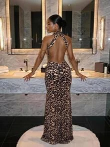 Slaydiva Women Beige Leopard Print HighNeck Halter Cutout Sash Ruched Mermaid Maxi Dress Glam Evening Club Night Out Party Formal Gown Summer Sexy - Multicolor - View 3