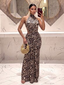Slaydiva Women Beige Leopard Print HighNeck Halter Cutout Sash Ruched Mermaid Maxi Dress Glam Evening Club Night Out Party Formal Gown Summer Sexy - Multicolor - View 4