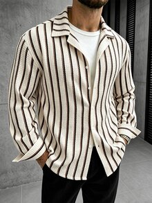 Manfinity Homme 男士米色夏季休閒度假條紋華夫格襯衫，經典鈕扣式長袖紋理領襯衫，復古戶外上衣 - 彩色 - 查看 7