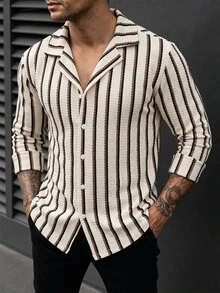Manfinity Homme 男士米色夏季休閒度假條紋華夫格襯衫，經典鈕扣式長袖紋理領襯衫，復古戶外上衣 - 彩色 - 查看 6