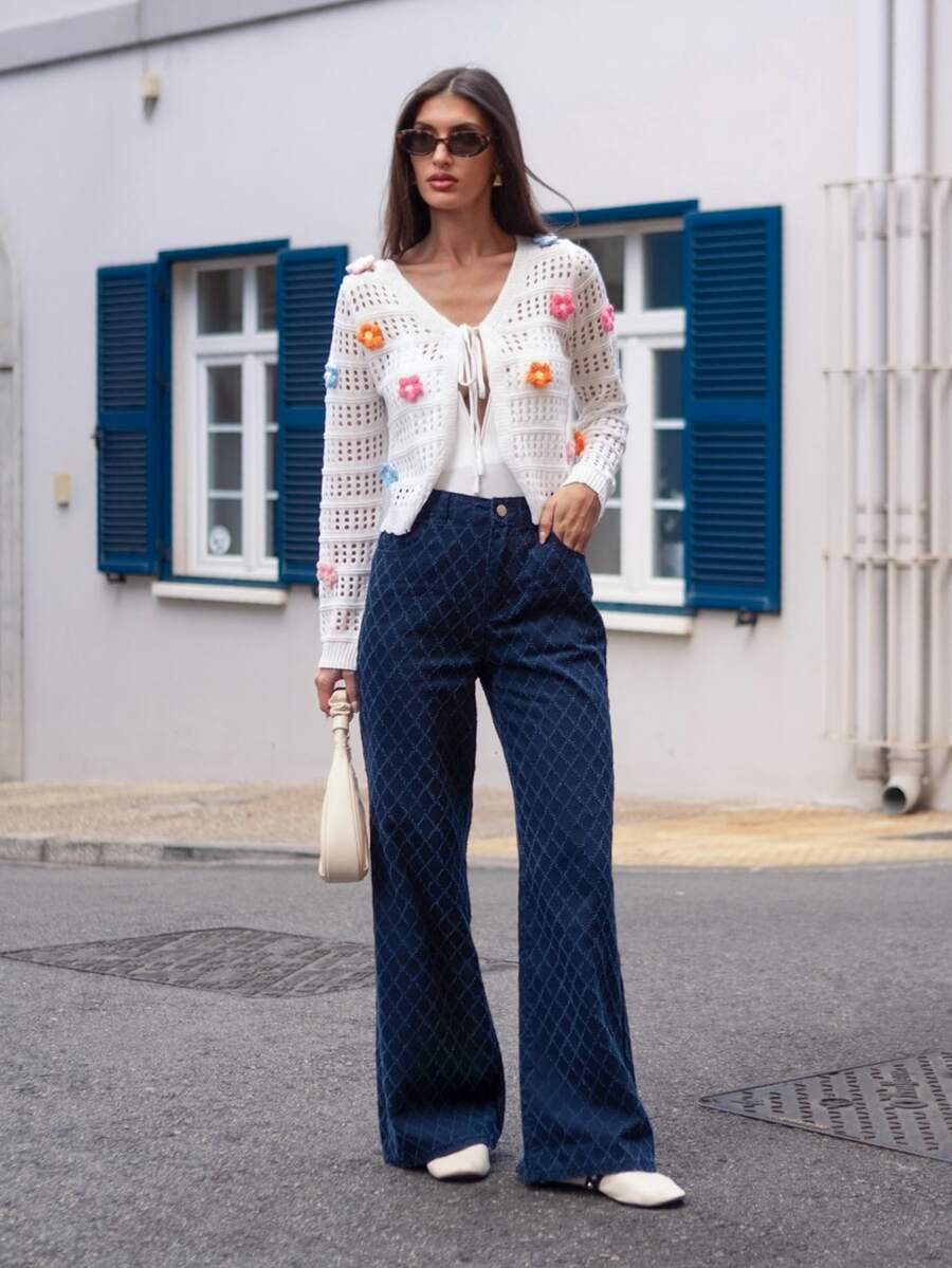 Silviapuertast 女士休闲日常纹理斜插口袋喇叭牛仔裤