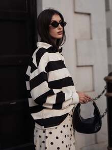 Silviapuertast Women's Casual Loose Fit Polo Collar Drop Shoulder Long Sleeve Striped T-Shirt - Black and White - View 4