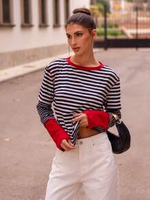 Silviapuertast Boho Christmas Party New Year Casual Striped Patchwork Round Neck Long Sleeve Loose Women T-Shirt, Winter - Multicolor - View 2