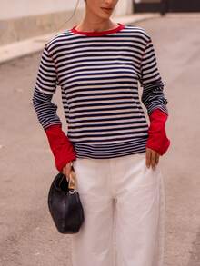 Silviapuertast Boho Christmas Party New Year Casual Striped Patchwork Round Neck Long Sleeve Loose Women T-Shirt, Winter - Multicolor - View 4