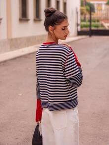 Silviapuertast Boho Christmas Party New Year Casual Striped Patchwork Round Neck Long Sleeve Loose Women T-Shirt, Winter - Multicolor - View 3