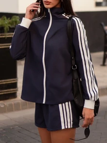 Silviapuertast 女士条纹长袖拉链外套和短裤休闲两件套 - 藏蓝色 - 查看 5