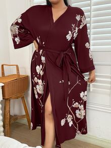 SHEIN Plus Size Elegant Black Floral Print Belted Long Summer Robe, For Fall, Winter - Burgundy - View 3