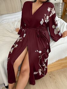 SHEIN Plus Size Elegant Black Floral Print Belted Long Summer Robe, For Fall, Winter - Burgundy - View 5