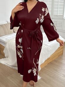 SHEIN Plus Size Elegant Black Floral Print Belted Long Summer Robe, For Fall, Winter - Burgundy - View 4