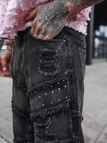 Artur Kramer Men's Vintage Fashionable Versatile Rivet Frayed Distressed Wide Leg Loose Casual Daily Denim Jeans - Black - View 6