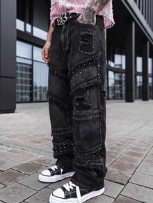 Artur Kramer Men's Vintage Fashionable Versatile Rivet Frayed Distressed Wide Leg Loose Casual Daily Denim Jeans - Black - View 7