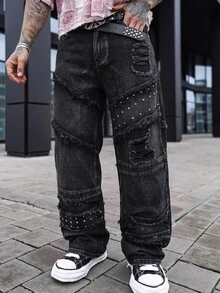Artur Kramer Men's Vintage Fashionable Versatile Rivet Frayed Distressed Wide Leg Loose Casual Daily Denim Jeans - Black - View 4