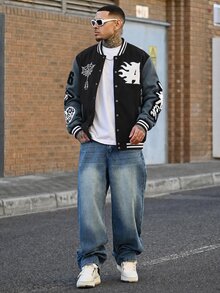 Devon Thys 男士休闲撞色字母植绒拼接条纹边棒球长袖夹克，秋季男士街头风拉链定制夹克，棒球夹克，男士大学夹克，橄榄球夹克 - 深灰色 - 查看 4