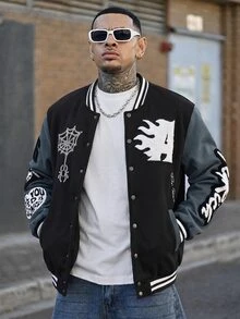 Devon Thys 男士休闲撞色字母植绒拼接条纹边棒球长袖夹克，秋季男士街头风拉链定制夹克，棒球夹克，男士大学夹克，橄榄球夹克 - 深灰色 - 查看 3