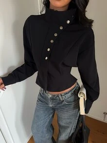 Aloruh 女款素色休閒百搭日常穿著長袖夾克 - 黑色 - 查看 5