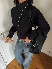 Aloruh 女款素色休閒百搭日常穿著長袖夾克 - 黑色 - 查看 4