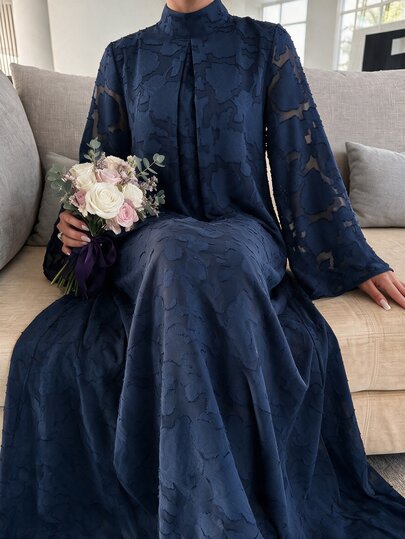 Yasveil Women's Blue Woven Cutout Long Sleeve Stand Collar A-Line Elegant Romantic Arabian Dress