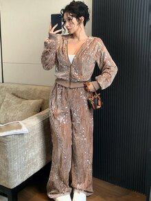 DAZY Women's Sequin Zip-Up Hooded Jacket And Pants 2 Pieces Set - Apricot - View 4