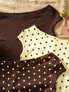 Sparklyn Tween Girls 3pcs Vacation Tight Off Shoulder Multicolor T-Shirts, Summer, Casual, Outfit, Comfortable, Daily, Minimalist, Back To School - Brown - View 4
