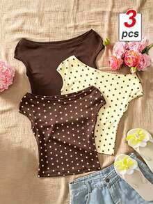 Sparklyn Tween Girls 3pcs Vacation Tight Off Shoulder Multicolor T-Shirts, Summer, Casual, Outfit, Comfortable, Daily, Minimalist, Back To School - Brown - View 3