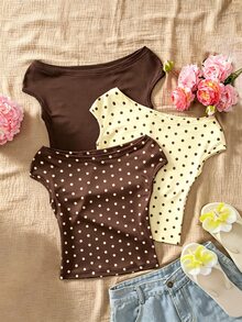 Sparklyn Tween Girls 3pcs Vacation Tight Off Shoulder Multicolor T-Shirts, Summer, Casual, Outfit, Comfortable, Daily, Minimalist, Back To School - Brown - View 1